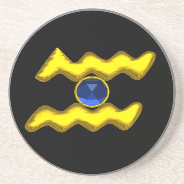 AQUARIUS ZODIAC BIRTHDAY JEWEL Blue Sapphire Black Drink Coaster (Front)