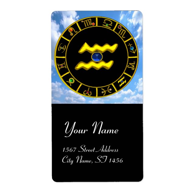AQUARIUS ZODIAC BIRTHDAY JEWEL Blue Sapphire Gold Label (Front)