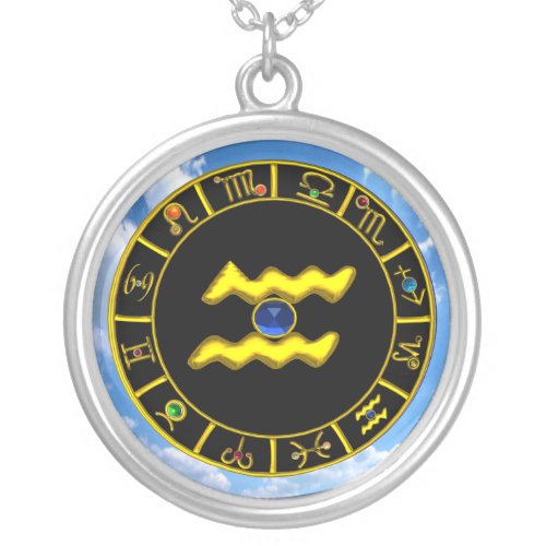 AQUARIUS ZODIAC BIRTHDAY JEWEL  Blue Sapphire Gold Silver Plated Necklace