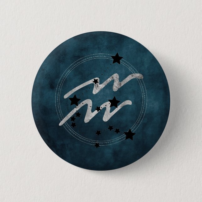 Aquarius zodiac black & silver constellation teal button (Front)