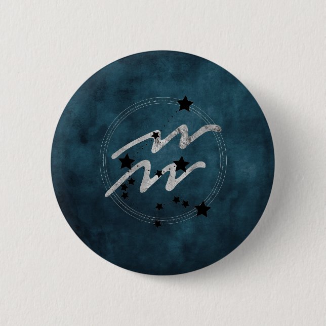 Aquarius zodiac black & silver constellation teal  button (Front)