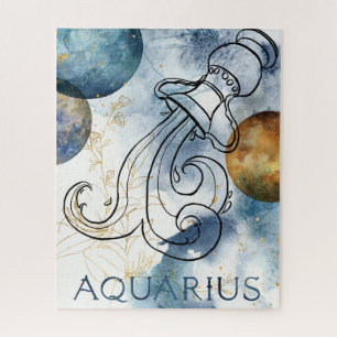 Aquarius zodiac blue black gold flowers planets jigsaw puzzle