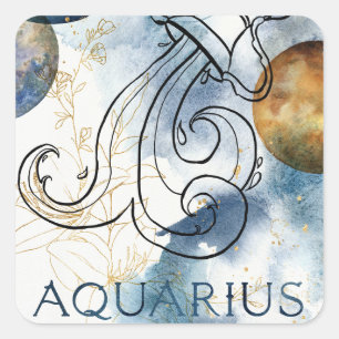 Aquarius zodiac blue black gold text planets square sticker