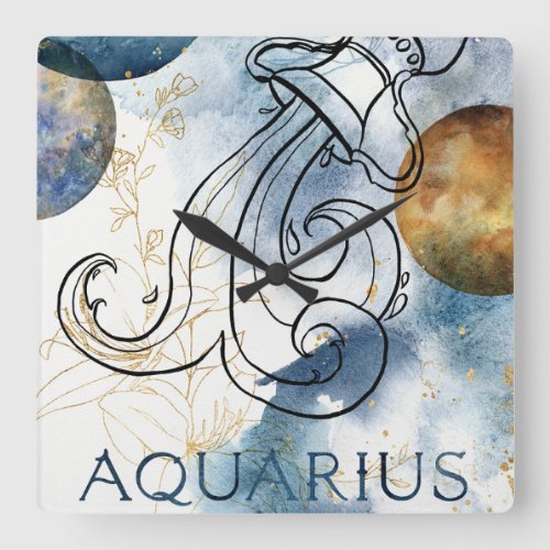 Aquarius zodiac blue black gold text planets  square wall clock