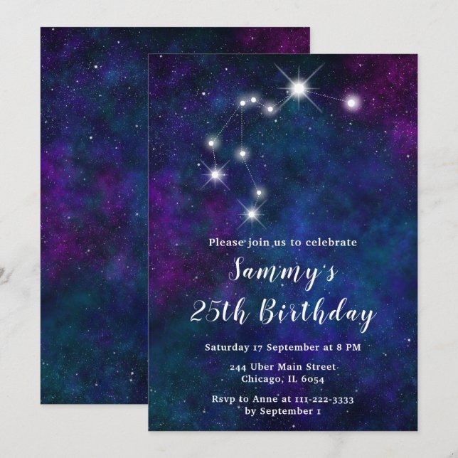 Aquarius Zodiac Constellation Birthday Party Invitation (Front/Back)
