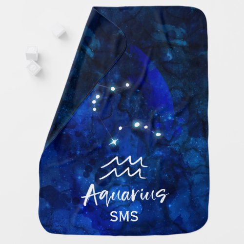 Aquarius Zodiac Constellation Blue Galaxy Monogram Baby Blanket