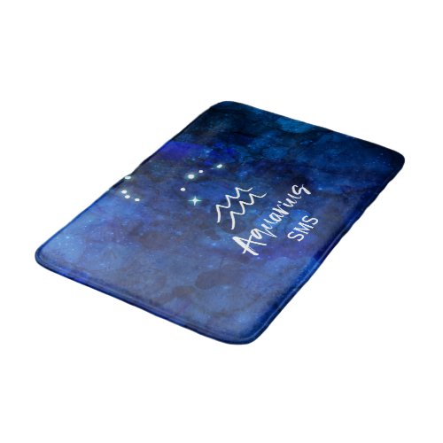 Aquarius Zodiac Constellation Blue Galaxy Monogram Bath Mat