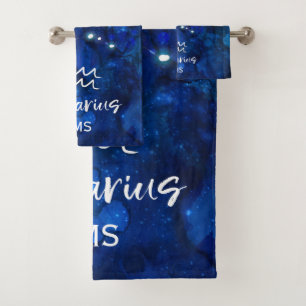 Aquarius Zodiac Constellation Blue Galaxy Monogram Bath Towel Set