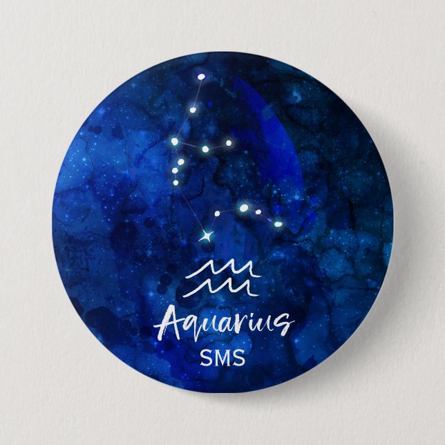 Aquarius Zodiac Constellation Blue Galaxy Monogram Button (Front)