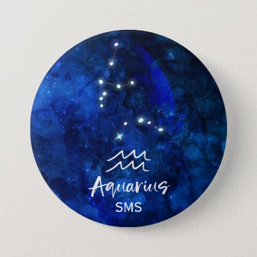 Aquarius Zodiac Constellation Blue Galaxy Monogram Button