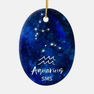 Aquarius Zodiac Constellation Blue Galaxy Monogram Ceramic Ornament