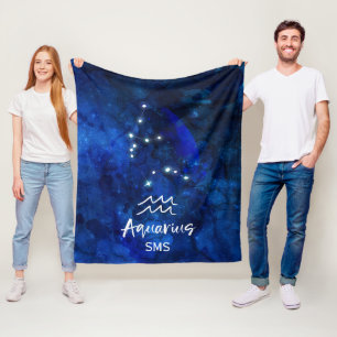 Aquarius Zodiac Constellation Blue Galaxy Monogram Fleece Blanket