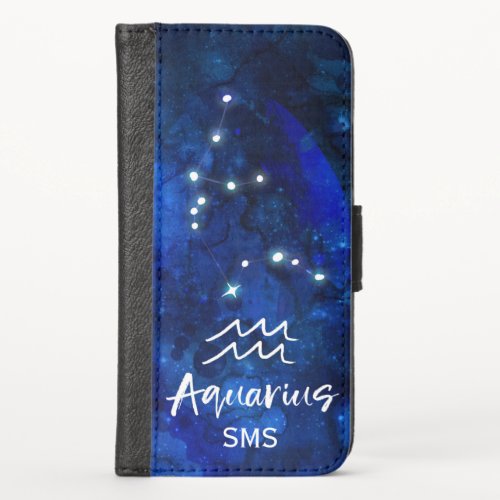 Aquarius Zodiac Constellation Blue Galaxy Monogram iPhone XS Wallet Case