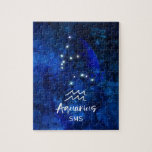 Aquarius Zodiac Constellation Blue Galaxy Monogram Jigsaw Puzzle<br><div class="desc">Aquarius Zodiac Constellation Blue Galaxy Monogram Design. With trendy Brushed Script Font, Dark blue celestial watercolor background texture, Glowing star constellation, and The Water Bearer symbol. Modern Astrological Sign Birth Horoscope, is perfect for any Aquarian Birthday From January 20 - February 18 ! With Optional Monogrammed First Middle and Last...</div>