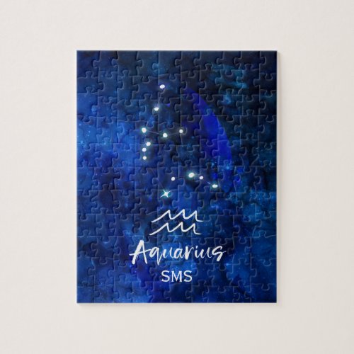 Aquarius Zodiac Constellation Blue Galaxy Monogram Jigsaw Puzzle