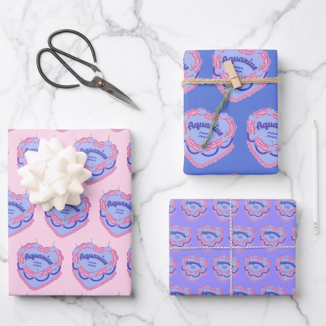 Aquarius Zodiac Coquette Heart Birthday Cake Wrapping Paper Sheets (Front)