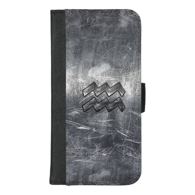 Aquarius Zodiac Distressed Silver Steel Style iPhone Wallet Case (Front)