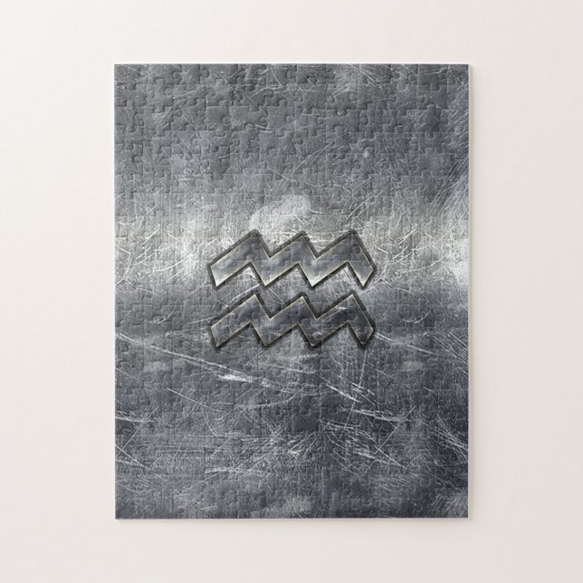 Aquarius Zodiac Distressed Silver Steel Style Jigsaw Puzzle (Vertical)