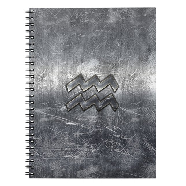Aquarius Zodiac Distressed Silver Steel Style Notebook (Front)
