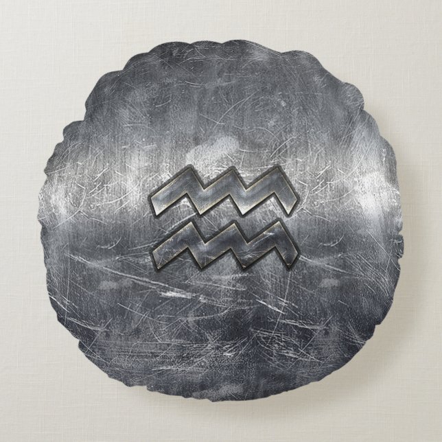 Aquarius Zodiac Distressed Silver Steel Style Round Pillow (Front)