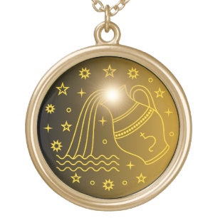 Aquarius Zodiac Emblem   Minimal Celestial Symbol Gold Plated Necklace