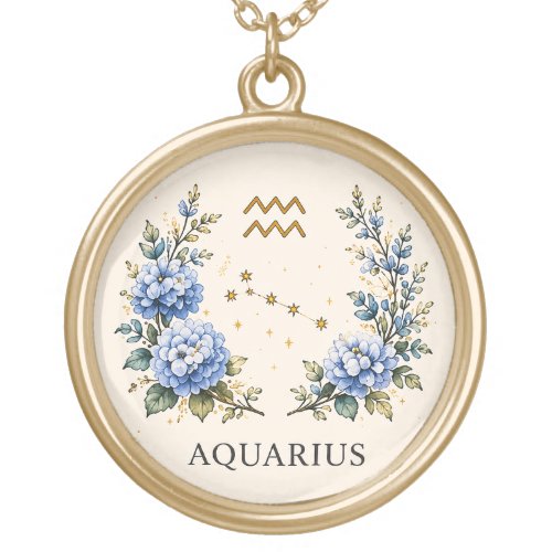 AQUARIUS ZODIAC FLORAL GOLD TONE PLATED NECKLACE