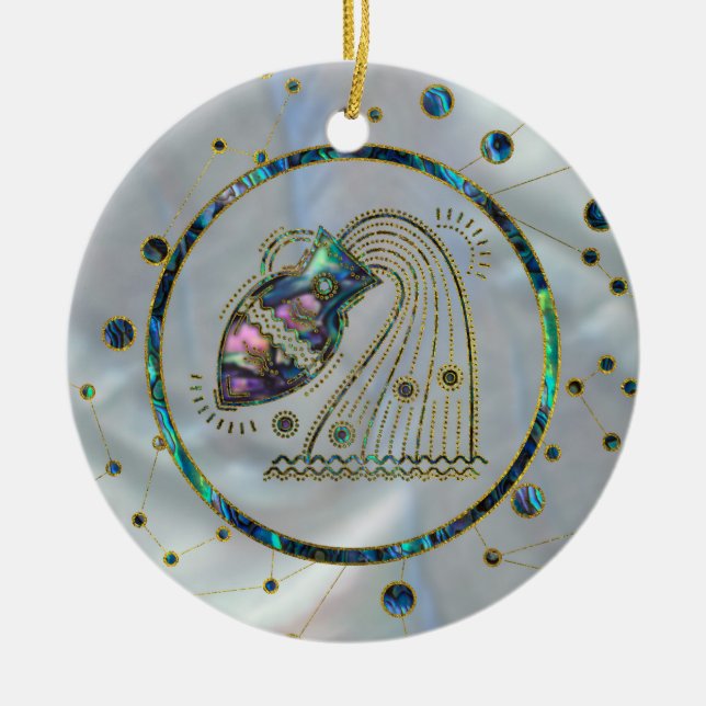Aquarius Zodiac Gold Abalone on Constellation Ceramic Ornament (Front)
