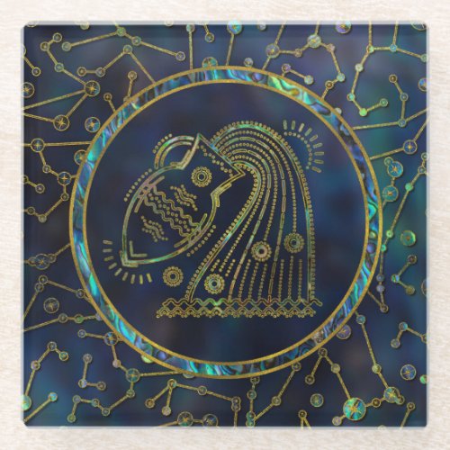Aquarius Zodiac Gold Abalone on Constellation Glass Coaster