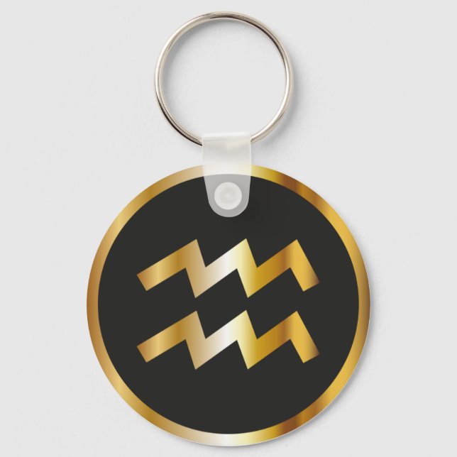Aquarius Zodiac Sign, Black & Gold Keychain (Front)