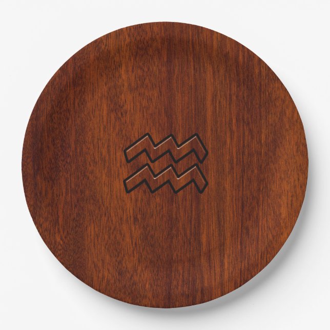 Aquarius Zodiac Sign Brown Mahogany Style Paper Plates (Front)