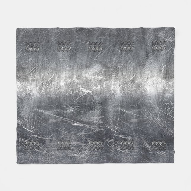Aquarius Zodiac Sign Distressed Silver Steel Fleece Blanket (Front (Horizontal))