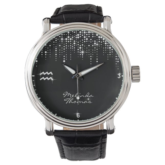 Aquarius Zodiac Sign Dripping Glitter Rain Sequins Watch (Front)
