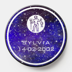 Aquarius Zodiac Sign Elegant Custom Name Blue PopSocket