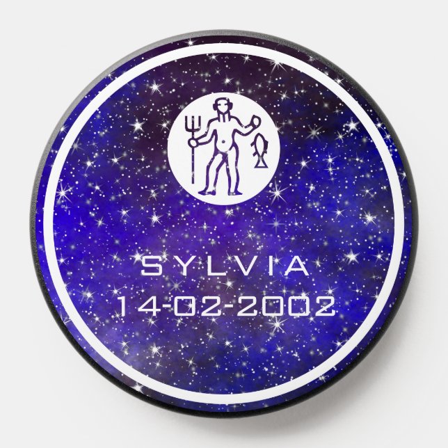 Aquarius Zodiac Sign Elegant Custom Name Blue PopSocket (Popsocket)