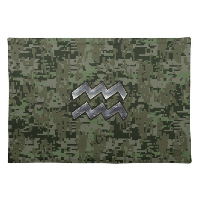 Aquarius Zodiac Sign Green Digital Camouflage Cloth Placemat (Front)