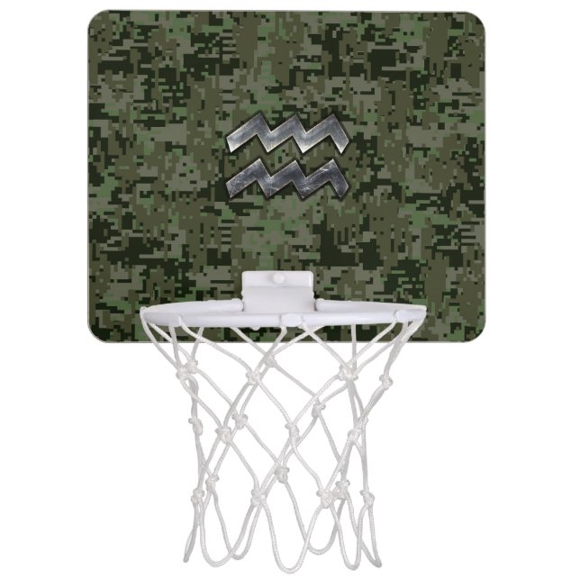 Aquarius Zodiac Sign Green Digital Camouflage Mini Basketball Hoop (Front)