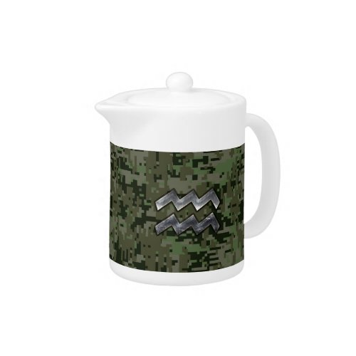 Aquarius Zodiac Sign Green Digital Camouflage Teapot