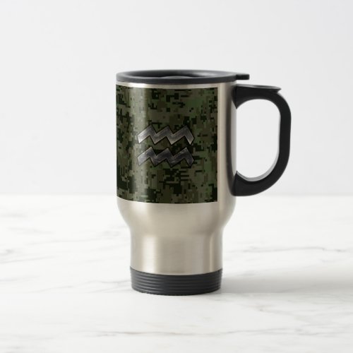 Aquarius Zodiac Sign Green Digital Camouflage Travel Mug