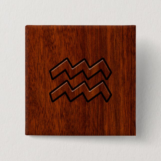 Aquarius Zodiac Sign Mahogany Wood Style Button (Front)