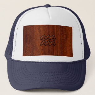 Aquarius Zodiac Sign Mahogany Wood Style Trucker Hat