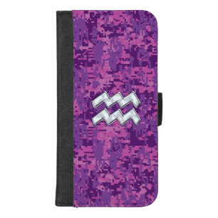 Aquarius Zodiac Sign on fuchsia digital camo iPhone 8/7 Plus Wallet Case