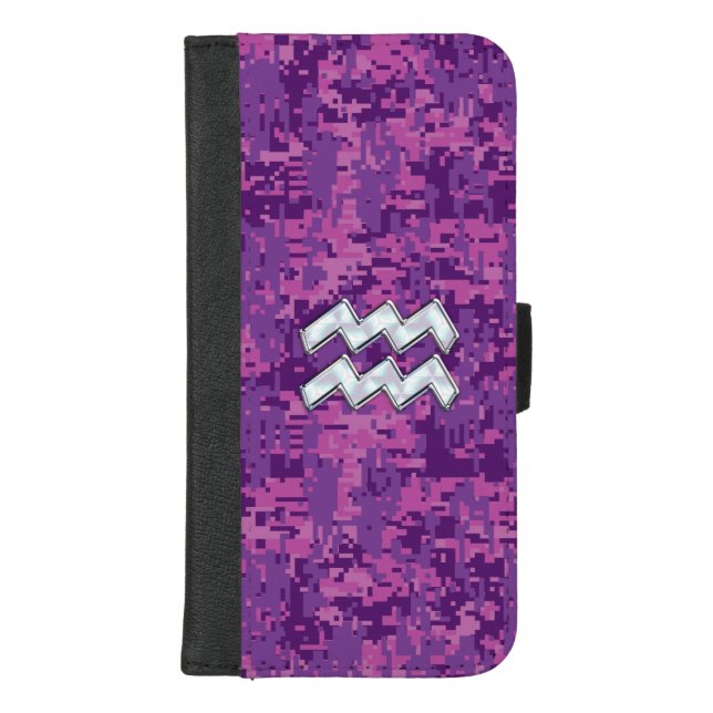 Aquarius Zodiac Sign on fuchsia digital camo iPhone Wallet Case (Front)