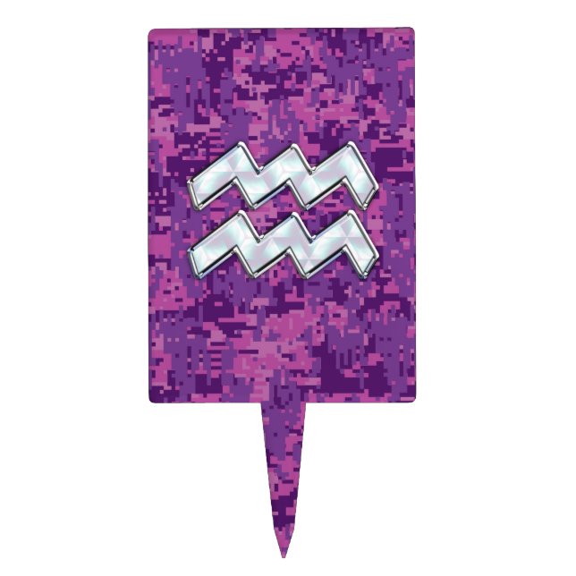 Aquarius Zodiac Sign on fuchsia digital camouflage Cake Topper (Front)