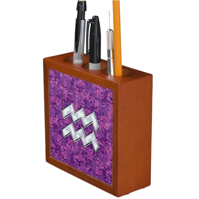 Aquarius Zodiac Sign on fuchsia digital camouflage Desk Organizer (In Situ)