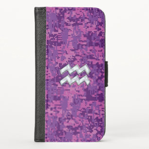 Aquarius Zodiac Sign on fuchsia digital camouflage iPhone X Wallet Case