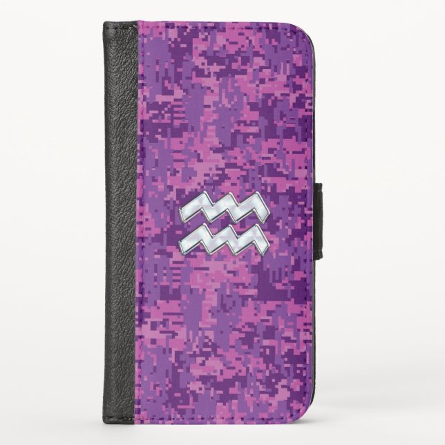 Aquarius Zodiac Sign on fuchsia digital camouflage iPhone Wallet Case (Front)