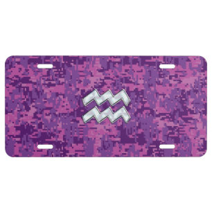 Aquarius Zodiac Sign on fuchsia digital camouflage License Plate
