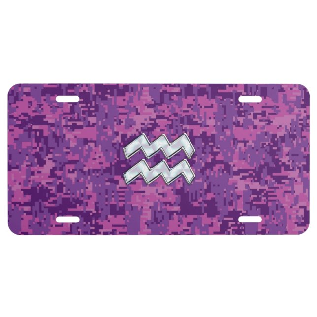 Aquarius Zodiac Sign on fuchsia digital camouflage License Plate (Front)