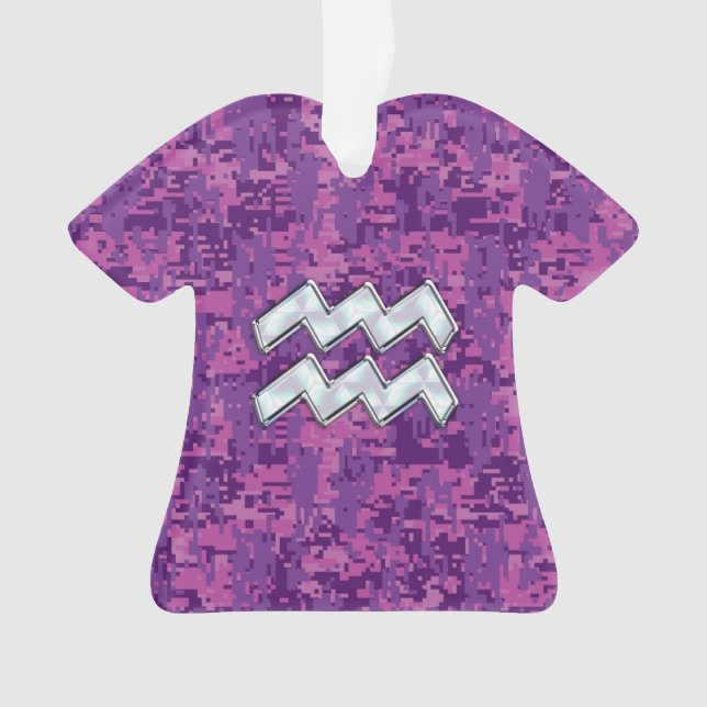Aquarius Zodiac Sign on fuchsia digital camouflage Ornament (Front)