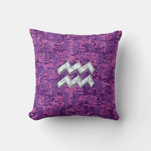 Aquarius Zodiac Sign on fuchsia digital camouflage Throw Pillow (Front)